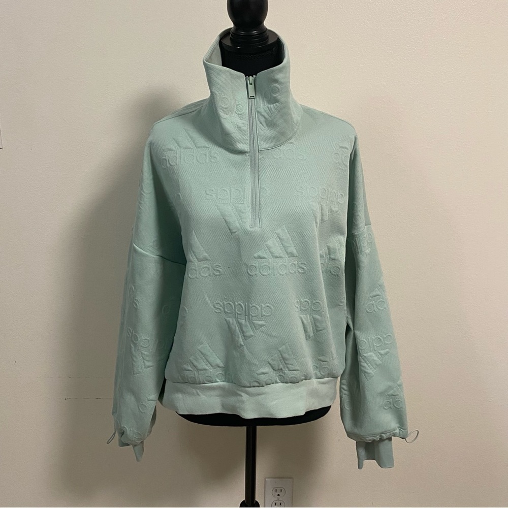 Adidas Sweater Women’s Size Large Green AEROREADY Jacquard Logo Zip Sweatshirt